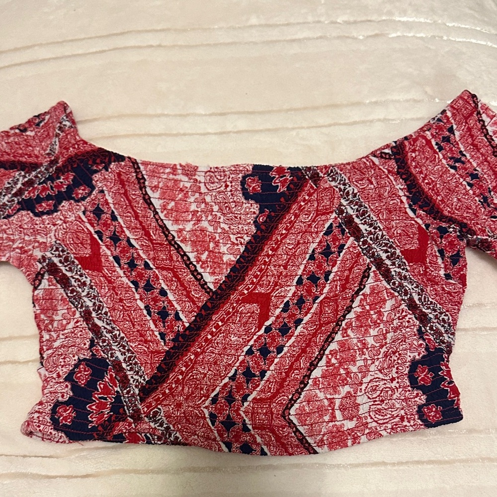 Women's Red and Blue Patterned Off-Shoulder Top